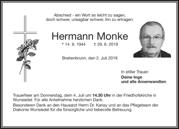 Traueranzeige von Herrmann Monke von Frankenpost