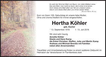 Traueranzeige von Hertha Köhler von Neue Presse Coburg