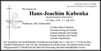 Traueranzeige von Hans-Joachim Kubenka von Frankenpost
