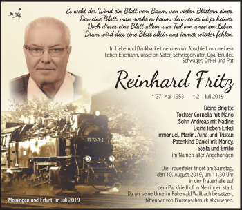 Traueranzeige von Reinhard Fritz von Südthüringer Presse