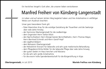 Traueranzeige von Manfred Freiherr von Künsberg-Langenstadt von Neue Presse Coburg