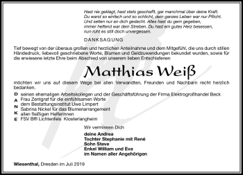 Traueranzeige von Matthias Weiß von Südthüringer Presse