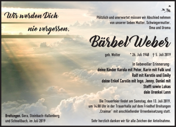 Traueranzeige von Bärbel Weber von Südthüringer Presse