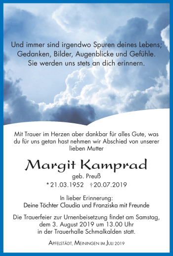 Traueranzeige von Margit Kamprad von Südthüringer Presse