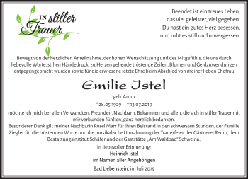 Traueranzeige von Emilie Istel von Südthüringer Presse