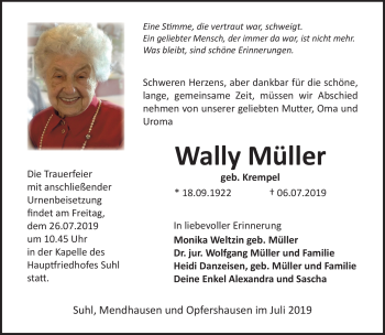 Traueranzeige von Wally Müller von Südthüringer Presse