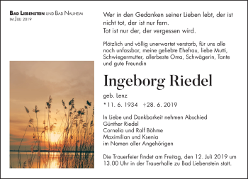 Traueranzeige von Ingeborg Riedel von Südthüringer Presse