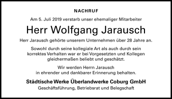 Traueranzeige von Wolfgang Jarausch von Neue Presse Coburg