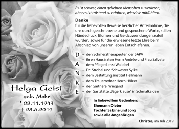 Traueranzeige von Helga Geist von Südthüringer Presse