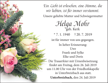 Traueranzeige von Helga Mohr von Südthüringer Presse