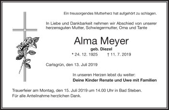Traueranzeige von Alma Meyer von Frankenpost