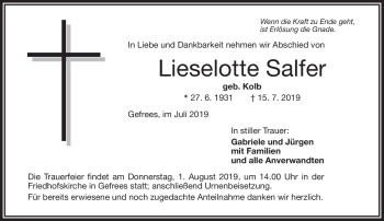 Traueranzeige von Lieselotte Salfer von Frankenpost