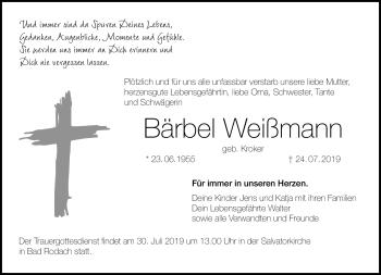 Traueranzeige von Bärbel Weißmann von Neue Presse Coburg