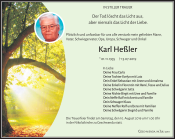 Traueranzeige von Karl Heßler von Südthüringer Presse