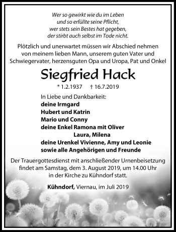 Traueranzeige von Siegfried Hack von Südthüringer Presse