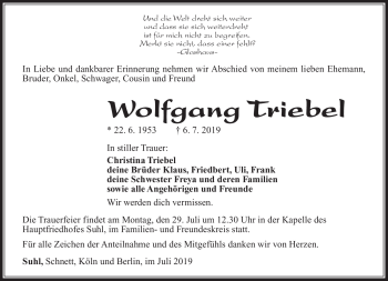 Traueranzeige von Wolfgang Triebel von Südthüringer Presse