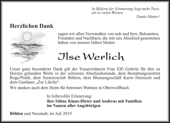 Traueranzeige von Ilse Werlich von Südthüringer Presse