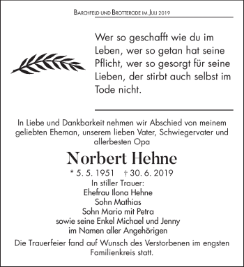 Traueranzeige von Norbert Hehne von Südthüringer Presse