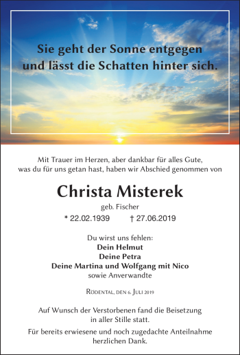 Traueranzeige von Christa Misterek von Neue Presse Coburg