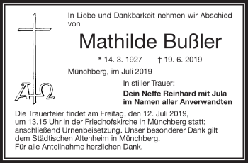 Traueranzeige von Mathilde Bußler von Frankenpost
