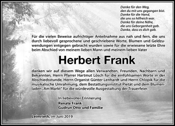Traueranzeige von Herbert Frank von Südthüringer Presse