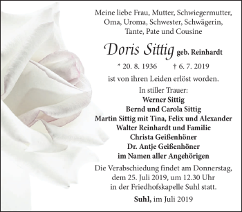 Traueranzeige von Doris Sittig von Südthüringer Presse
