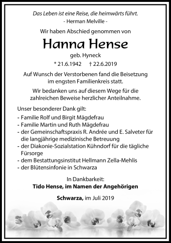 Traueranzeige von Hanna Hense von Südthüringer Presse