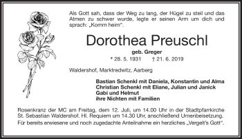 Traueranzeige von Dorothea Preuschl von Frankenpost
