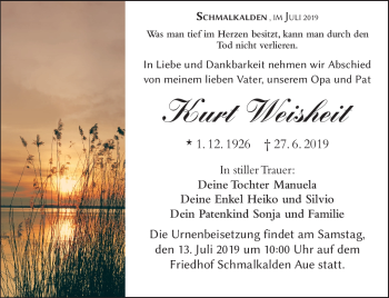 Traueranzeige von Kurt Weisheit von Südthüringer Presse