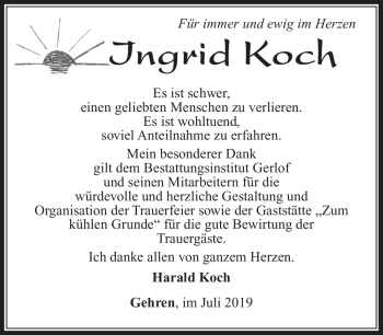 Traueranzeige von Ingrid Koch von Südthüringer Presse
