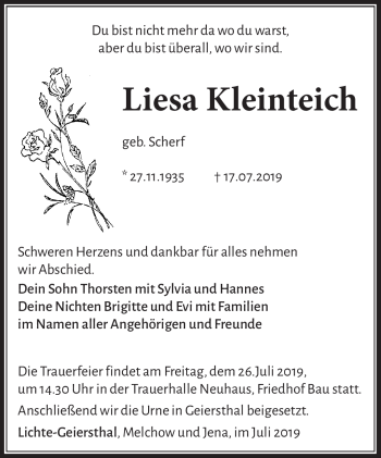 Traueranzeige von Liesa Kleinteich von Südthüringer Presse