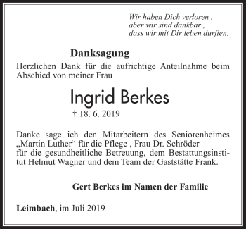 Traueranzeige von Ingrid Berkes von Südthüringer Presse