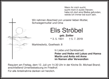 Traueranzeige von Elis Strobel von Frankenpost