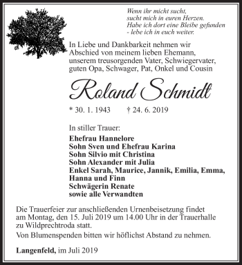 Traueranzeige von Roland Schmidt von Südthüringer Presse