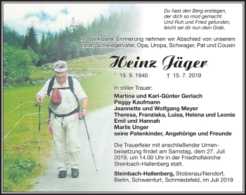 Traueranzeige von Heinz Jäger von Südthüringer Presse