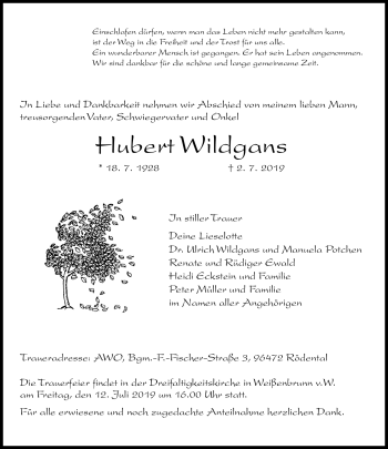 Traueranzeige von Hubert Wildgans von Neue Presse Coburg