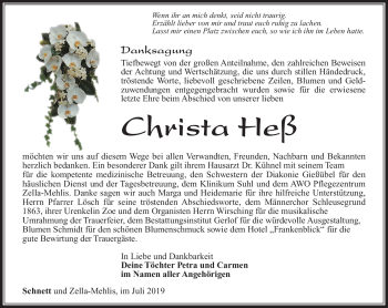 Traueranzeige von Christa Heß von Südthüringer Presse
