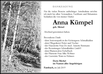 Traueranzeige von Anna Kümpel von Südthüringer Presse