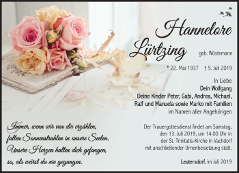 Traueranzeige von Hannelore Lürtzing von Südthüringer Presse