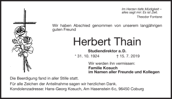 Traueranzeige von Herbert Thain von Neue Presse Coburg