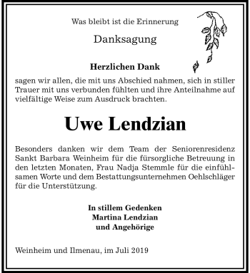 Traueranzeige von Uwe Lendzian von Südthüringer Presse