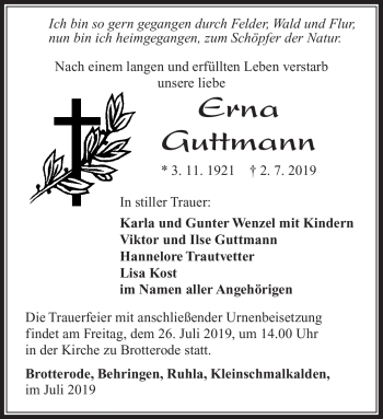 Traueranzeige von Erna Guttmann von Südthüringer Presse