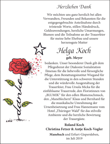 Traueranzeige von Helga Koch von Südthüringer Presse