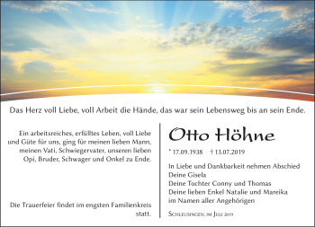 Traueranzeige von Otto Höhne von Südthüringer Presse