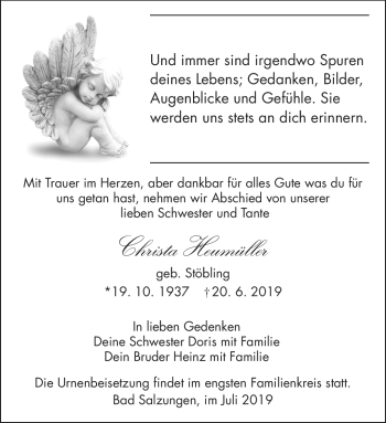 Traueranzeige von Christa Heumüller von Südthüringer Presse