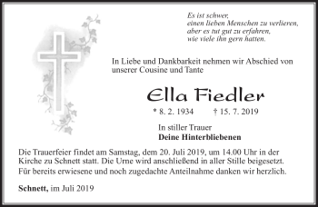 Traueranzeige von Ella Fiedler von Südthüringer Presse
