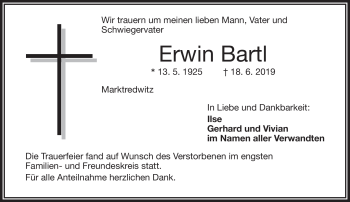 Traueranzeige von Erwin Bartl von Frankenpost