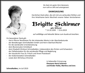 Traueranzeige von Brigitte Schirmer von Südthüringer Presse