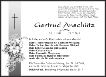 Traueranzeige von Gertrud Anschütz von Südthüringer Presse