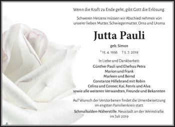 Traueranzeige von Jutta Pauli von Südthüringer Presse